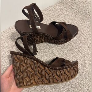 Miu Miu Brown Suede Carved Wood Platform Wedge Sandals